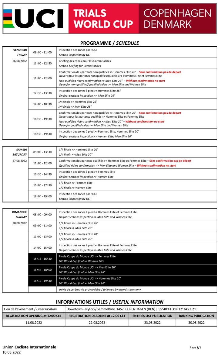 Programa oficial de la Copa del Mundo UCI 2022 en Copenhague