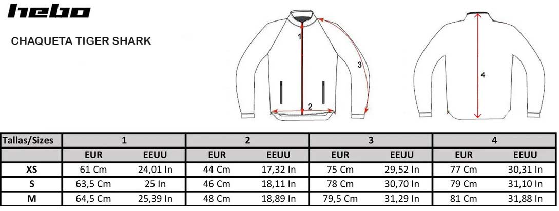 tabla de tallas chaqueta Hebo HB4021