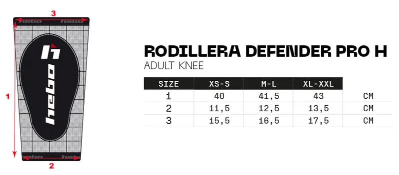 Tabla medidas Rodilleras Hebo Defender Pad H